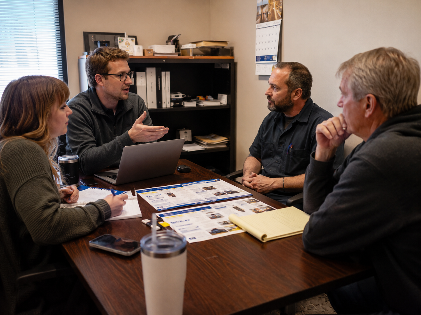 RiotScale strategy session around a conference table reviewing marketing materials.